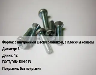 Винт с внутренним шестигранником, с плоским концом 6х12 DIN 913 без покрытия